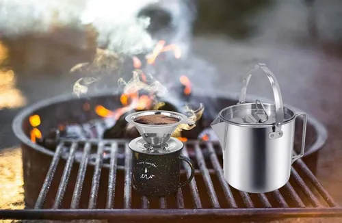 Vista 6 de Hervidor de té de acero inoxidable para camping, olla de senderismo portátil de 1.2 L con asas y tapas para camping, senderismo, picnic