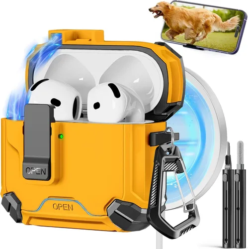Vista 43 de Pohgelan - Funda compatible con AirPods Pro 2ª/1ª (verde) Cerradura magnética automática con kit de limpieza, compatible con Magsafe
