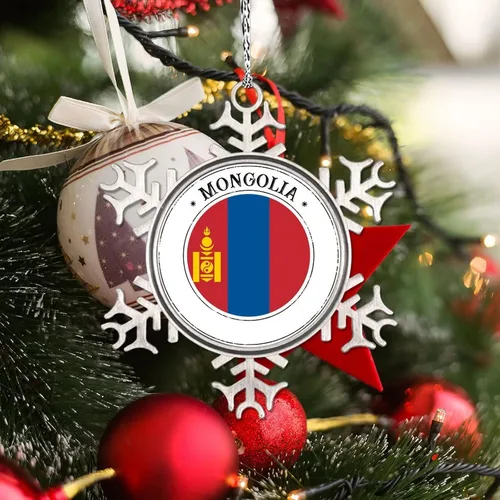 Vista 2 de Bandera de Mongolia, adornos de Navidad 2023, adorno de copo de nieve, adornos de recuerdo de ciudad de campo para árboles de Navidad, colgante