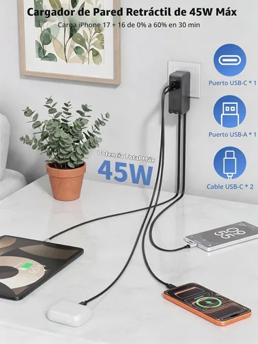 Vista 2 de Cargador USB C retráctil, cargador de iPhone de 45 W, carga rápida, bloque de enchufe plegable 4 en 1, cable doble tipo C para iPhone 17E/17
