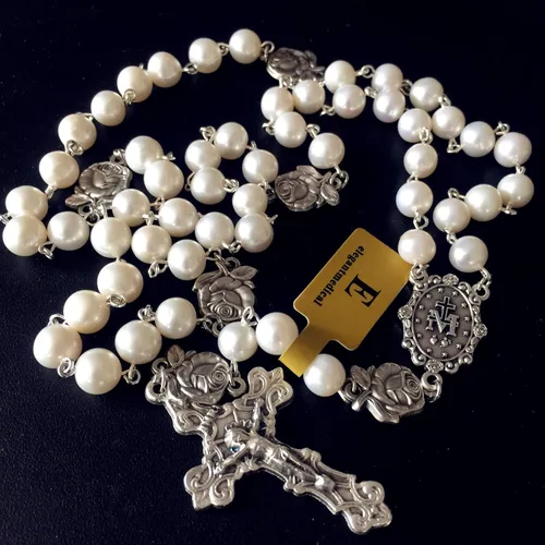 Vista 3 de elegantmedical Católica Nice White AAA8mm Real Pearl Nuestra Señora de Gracia Medalla de Rosario de Plata 5 Décadas Cruz Crucifijo Crucifijo Caja