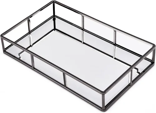 Vista 10 de Bandeja con espejo PuTwo, bandeja dorada para cómoda, bandeja decorativa de metal, bandeja de joyas y perfumes, bandeja para maquillaje para Dorado