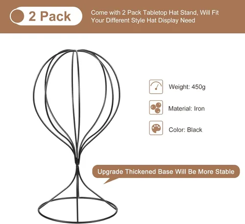 Vista 3 de uxcell Soporte de exhibición de metal para sombreros, paquete de 2 soportes de mesa para sombreros y pelucas, soporte moderno para armario para Negro