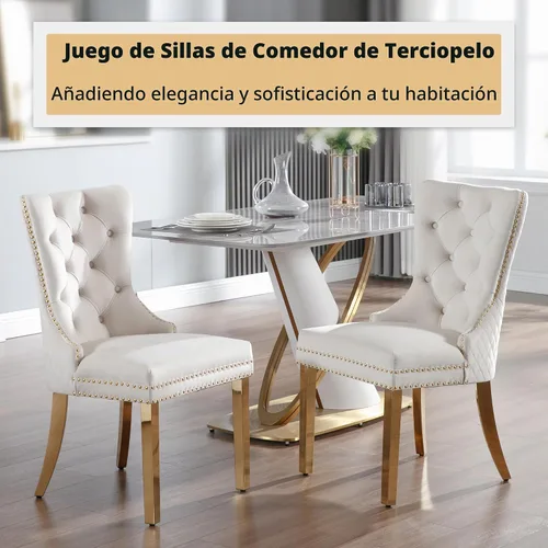 Vista 9 de Juego de 2 sillas de comedor, patas de metal dorado, anillo de león sofisticado, color beige Beige (oro)