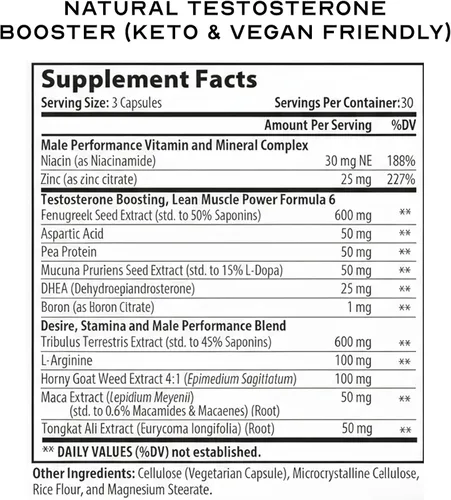 Vista 7 de Testosterona Libido Booster Masculino Aumento Suplemento para Hombres, Vegano Tongkat Ali DHEA Boro L-arginina Hornygoatweed Zinc Muscle Builder