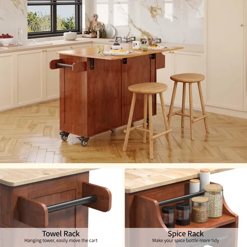 Vista 4 de Aiho Carrito de isla de cocina con almacenamiento, carritos móviles de 52 pulgadas con mesa de cocina rodante con toallero, estante de especias