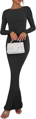 Vista 5 de REORIA Vestido largo sexy con espalda descubierta en V para mujer, para otoño, casual, cuello barco, manga larga, acanalado, bodycon, maxi vestidos