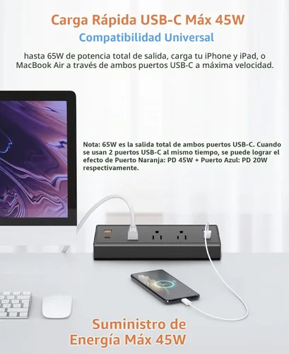Vista 2 de Regleta de alimentación con abrazadera de escritorio con USB C, estación de carga rápida de 65 W para iPhone 14 Pro Max, iPad, MacBook Air, fuente