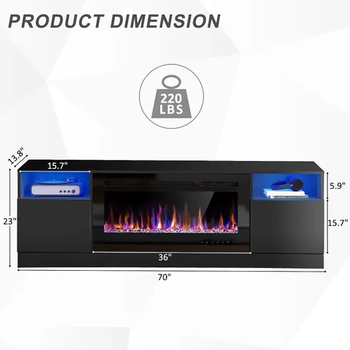 Vista 5 de Spurgehom Soporte de TV con chimenea de 70 pulgadas para televisores de hasta 80 pulgadas con chimenea eléctrica de 36 pulgadas, consola de TV