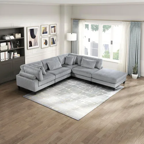 Vista 30 de Lexicon Sofá modular de 120 pulgadas, sofá modular de microfibra de gran tamaño de 4 plazas en forma de L, 6 almohadas decorativas y arreglo Beige