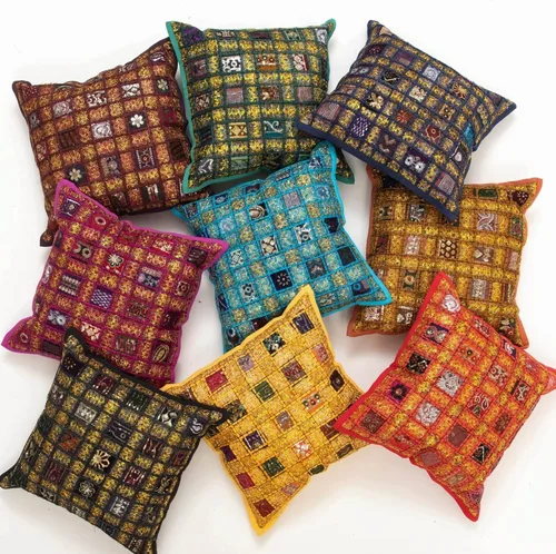Vista 2 de INDACORIFY Juego de fundas de cojín surtidas de retazos, almohada de parche con cuentas hecha a mano india, almohada bohemia, funda de cojín
