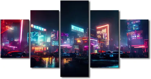 Vista 43 de Póster de 5 paneles en lienzo para decoración de pared, diseño de centro urbano Cyberpunk, impresión moderna, decoración de pared para el hogar