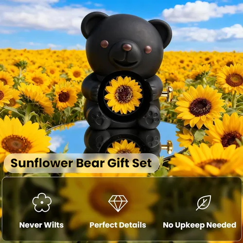 Vista 3 de Regalo para su oso de la suerte con girasol, girasol en elegante caja de regalo con collar para mujer, regalos de oso para el día de la madre, día