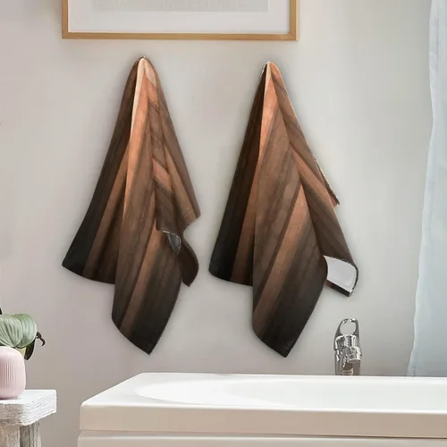 Vista 4 de Juego de 2 toallas de mano para baño, marrón, naranja tierra, cobre y melocotón pálido, vidrio fresco abstracto y diseño de rayas vintage, suaves