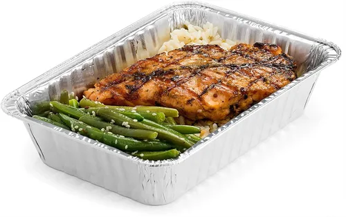 Vista 2 de DecorRack - Bandeja rectangular de aluminio desechable con tapa plana, resistente, de 2.25 libras, ideales para recalentar, hornear, asar