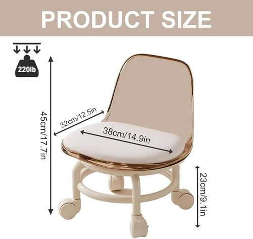 Vista 3 de Silla de polea de acrílico, taburete bajo con polea de respaldo, taburete ergonómico bajo para limpieza del hogar, taburetes de oficina, lavandería