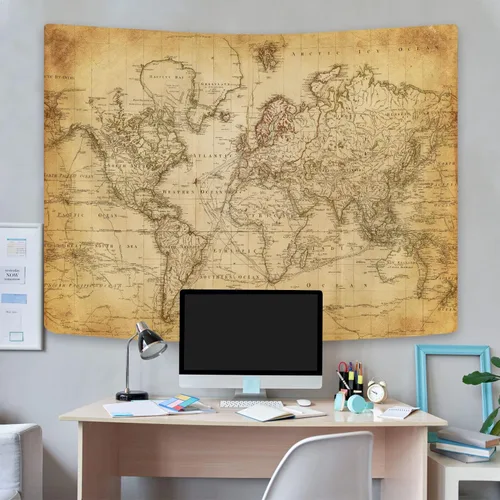 Vista 3 de GOAOK Tapiz de mapa del mundo antiguo, tapiz vintage de distribución geográfica, tapiz para colgar en la pared, póster de mapa mundial educativo