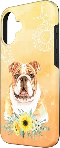 Vista 2 de iPhone 16 Cute English Bulldog Dog Bully - Sunflower Floral Flowers Case