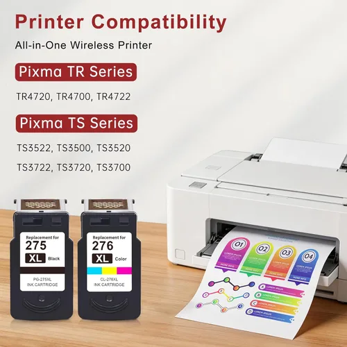 Vista 3 de PG-275XL CL-276XL para Canon 275 y 276 cartuchos de tinta de repuesto para Canon Ink 275 y 276 Color negro 275 276 Combo Pack con Pixma TS3722