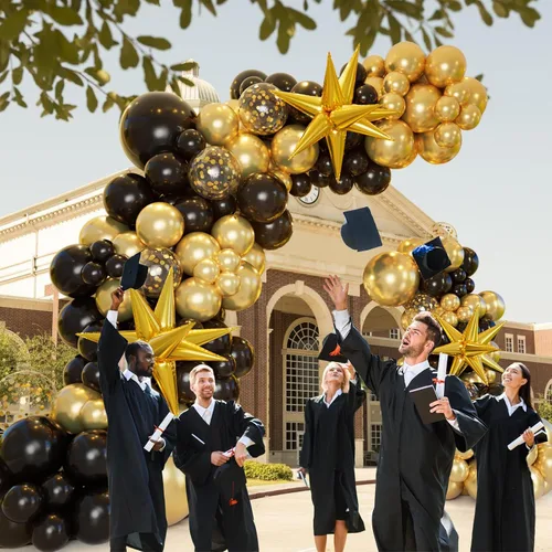 Vista 2 de Kit de arco de guirnalda de globos negros y dorados con globos de estrella en explosión, globos de látex de confeti de oro negro de 5/10/12/18