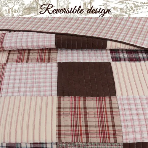 Vista 4 de Cozy Line Home Fashions Juego de ropa de cama reversible con diseño de mosaico real Brody Farmhouse Chocolate Plaid a rayas, colcha colcha