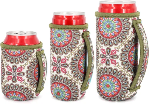 Vista 11 de 3 Pack de fundas aisladas reutilizables de neopreno con asa para soda, bebida energética, refresco, cerveza, seltzer duro, fundas para latas de 12