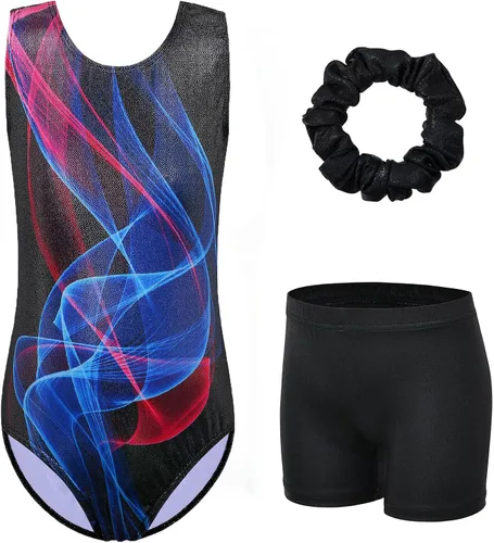 Vista 23 de XFGIRLS Leotardos de gimnasia para niñas con purpurina y pantalones cortos a juego Negro