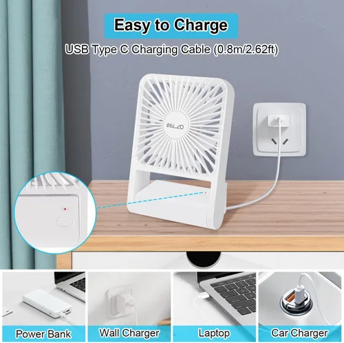 Vista 4 de ELZO Ventilador de viaje, mini ventilador de escritorio plegable, funciona con pilas, 3 velocidades ajustables de inclinación de 225°, ventilador