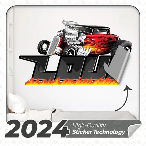 Vista 6 de Decoración de habitación de coches, calcomanía de pared con nombre de bandera de carreras, arte de pared personalizado para niños, bebés y niños