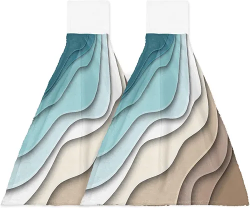 Vista 24 de Toallas de cocina con lazo para colgar, toallas de mano abstractas onduladas de color gris degradado, suaves, absorbentes, para baño, bar, hogar