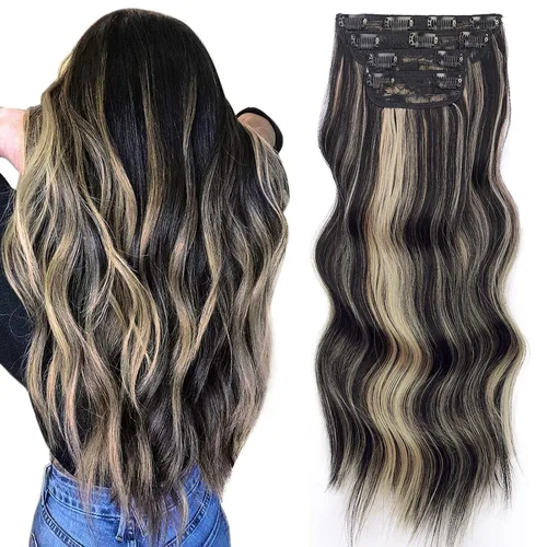 Vista 16 de Extensiones de cabello con clip de Vigorous de 20 pulgadas, con reflejos rubio playa, extensiones de cabello ondulado largo y suave de cabello