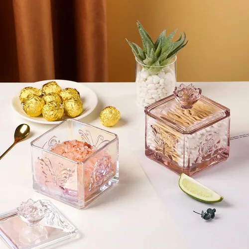 Vista 7 de WHJY Lindo tarro de cristal para dulces con tapa, tarro de cristal iridiscente para escritorio de oficina, platos de dulces coloridos para bufé