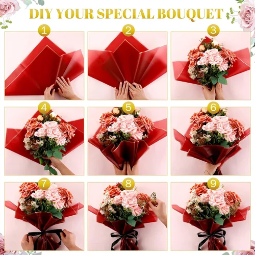 Vista 4 de Outus 60 hojas de papel de regalo para ramo de flores, para el Día de la Madre, impermeable, con 60 mariposas 3D, 100 alfileres de flores, 2 rollos
