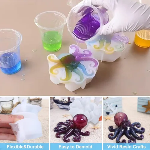 Vista 4 de Moldes de resina de pulpo de silicona, lindos moldes epoxi de pulpo, molde de silicona 3D de animales grandes para fundición de resina, colgar