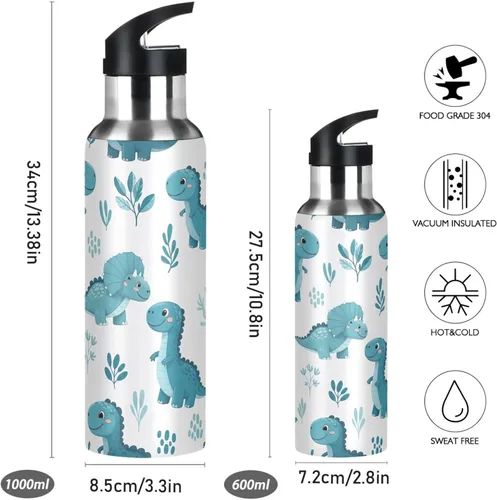 Vista 2 de Linda botella de agua aislada azul dinosaurio de 32 onzas, botella de agua deportiva sin BPA aislada a prueba de fugas