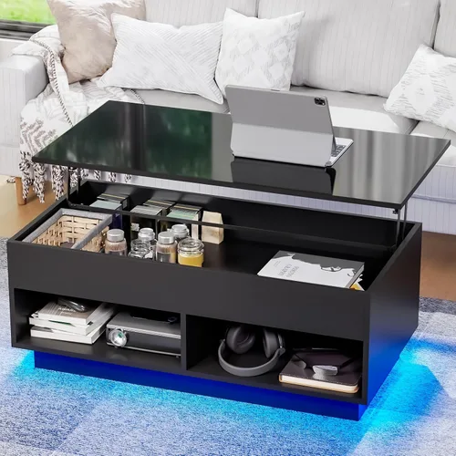 Vista 18 de HOMMPA - Mesa de café con tapa elevable de 40" con almacenamiento, mesa de centro LED moderna de alto brillo para sala de estar, mesa de té moderna