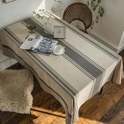 Vista 6 de ArtBud Mantel de arpillera de algodón y lino, mantel de granja a rayas, mantel de picnic a rayas, cubierta de mesa de tela pesada, decoración