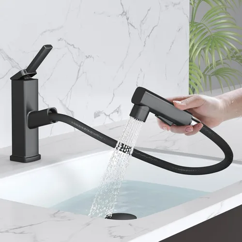 Vista 8 de MIAOHUI Grifo de baño extraíble de un solo agujero, 3 modos de pulverización de una sola manija para fregadero de 1 agujero, grifo de lavabo de baño