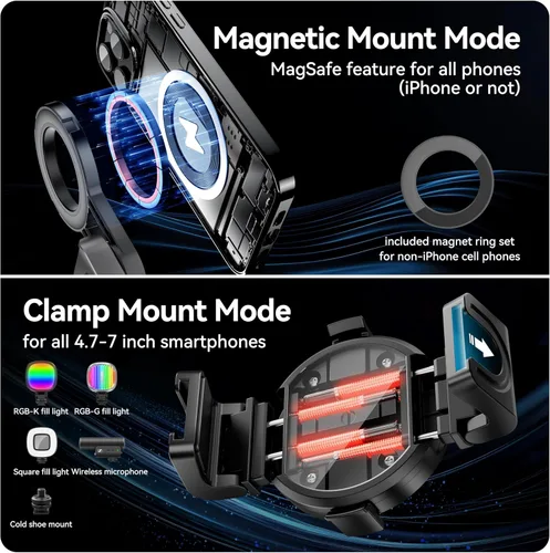 Vista 2 de Magsafe - Trípode para iPhone/Android, ultra portátil, con control remoto recargable y anillo de metal, trípode desmontable extensible para teléfono