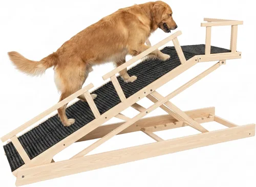 Vista 8 de Rampa plegable para perros de 65 pulgadas para cama, altura ajustable de 6 niveles (13-32.1 pulgadas) con plataforma de descanso, superficie