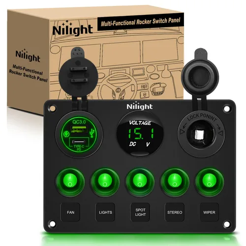 Vista 9 de Nilight 90101E Panel de Interruptores Basculantes Multifunción de 5 Posiciones con Cargador USB Dual + Voltímetro Digital + Toma de 12V Precableado