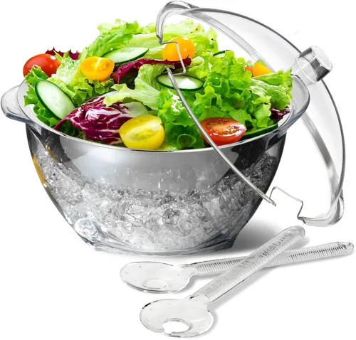 Vista 8 de INNOVATIVE LIFE Gran cuenco de ensalada con base enfriadora de hielo y tapa, bandeja refrigerada de cocina para verduras con dos cucharas largas
