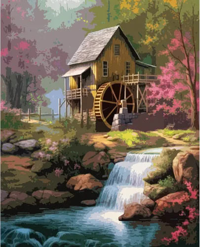 Vista 2 de Tucocoo Pintura de cabaña forestal por números para adultos, kits de pintura al óleo digital sobre lienzo con pinceles y pigmento acrílico, rueda
