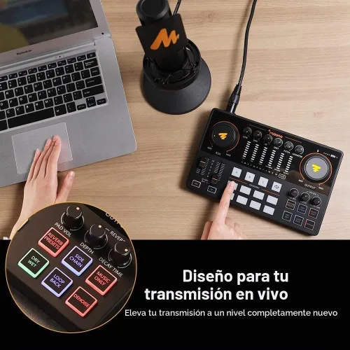 Vista 9 de MAONO Kit de Equipo de Podcast Interfaz de Audio de 10 Canales y Micrófono Dinámico XLR MaonoCaster con Preamplificador Profesional, 48V, Bluetooth