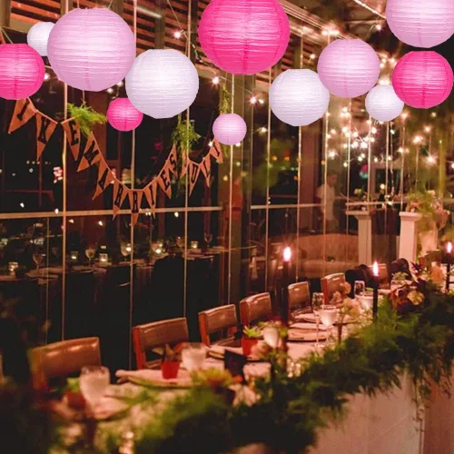 Vista 5 de Faroles de papel decorativos, faroles chinos redondos colgantes rosados con luces para compromiso, despedida de soltera, fiesta de cumpleaños, 12