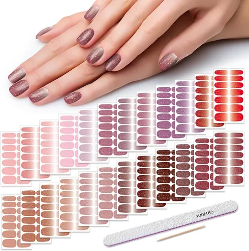 Vista 14 de Tiras de esmalte de uñas, color sólido, 24 hojas de calcomanías adhesivas de esmalte de uñas, envolturas completas de uñas de gel para mujeres