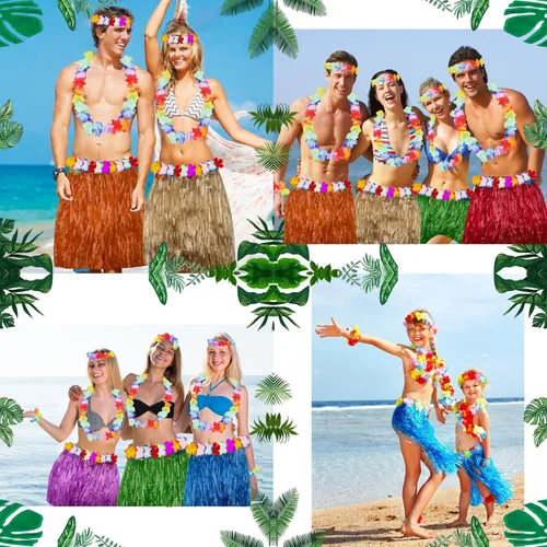 Vista 5 de Juego de 8 piezas de falda de hierba, lentes de sol, collar y pulsera Leis, decoraciones Luau para niños