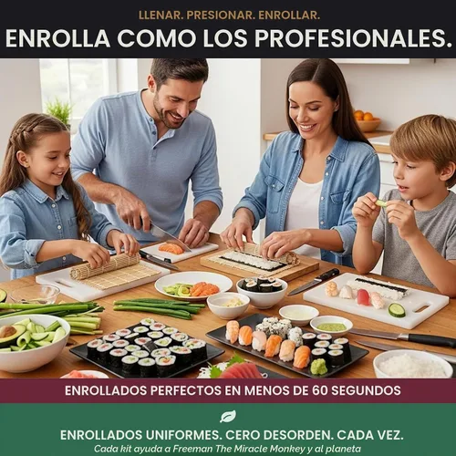 Vista 10 de Albino monkey Kit para hacer sushi con bazuca, tapete de bambú y curso