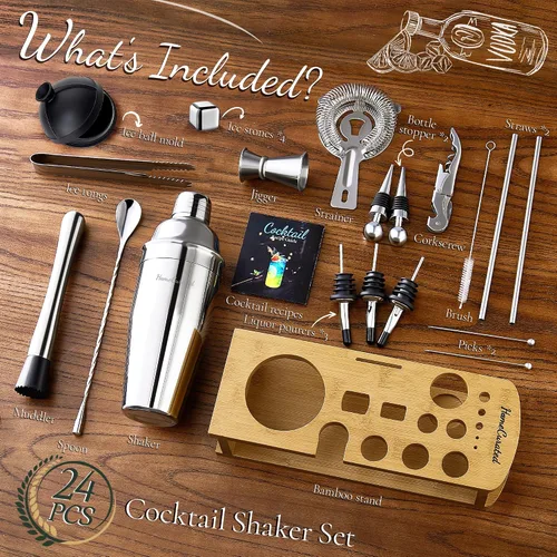 Vista 2 de Juego de coctelera, kit de camarero de bar de 24 piezas con soporte, coctelera de Martini, jigger, colador, cuchara mezcladora, muddler, vertedores