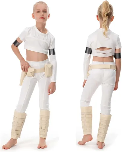 Vista 2 de Disfraz de reina para niños, disfraz de princesa para cosplay, traje de batalla blanco, conjunto de disfraz de Halloween